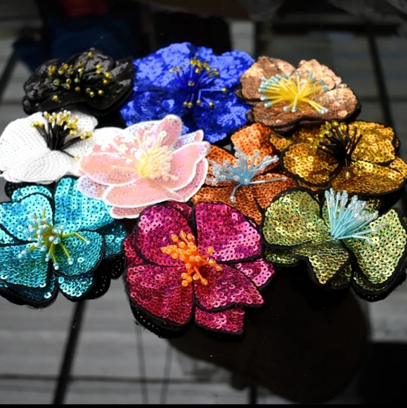 3D hibiscus beaded applique flower sew on iron on patch sequins tropical black - Picture 9 of 11